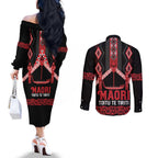 Toitu Te Tiriti Waitangi Couples Matching Off The Shoulder Long Sleeve Dress and Long Sleeve Button Shirt Black Wharenui House - Aussie Hoodie