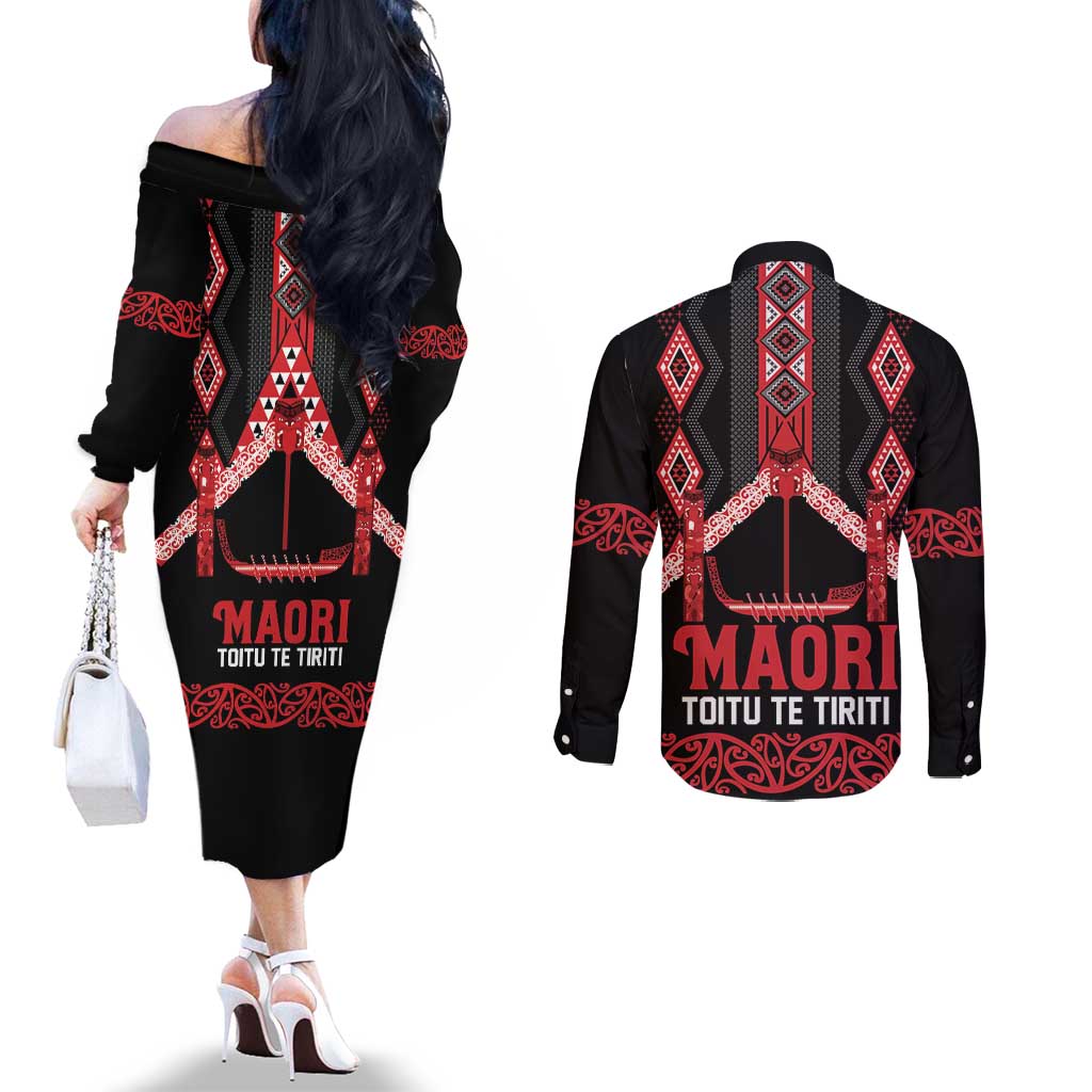 Toitu Te Tiriti Waitangi Couples Matching Off The Shoulder Long Sleeve Dress and Long Sleeve Button Shirt Black Wharenui House - Aussie Hoodie