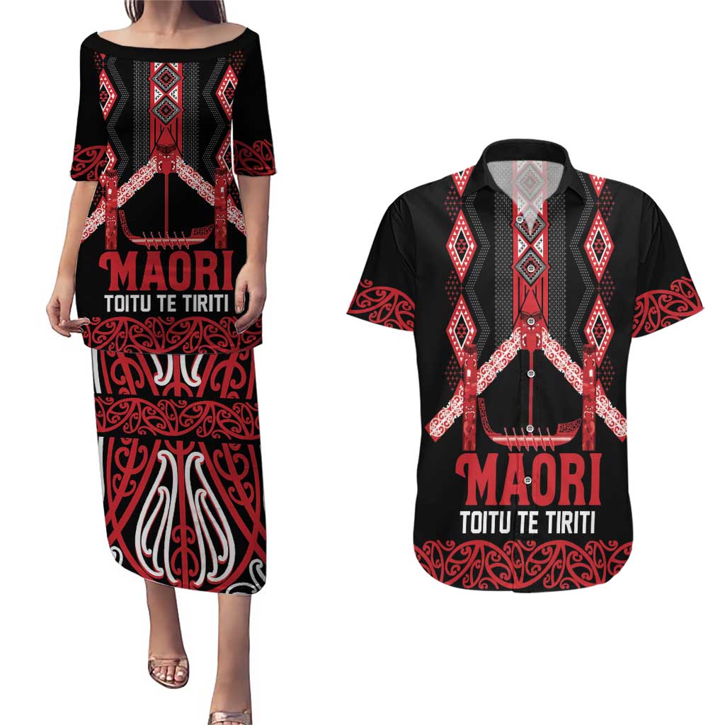 Toitu Te Tiriti Waitangi Couples Matching Puletasi and Hawaiian Shirt Black Wharenui House - Aussie Hoodie