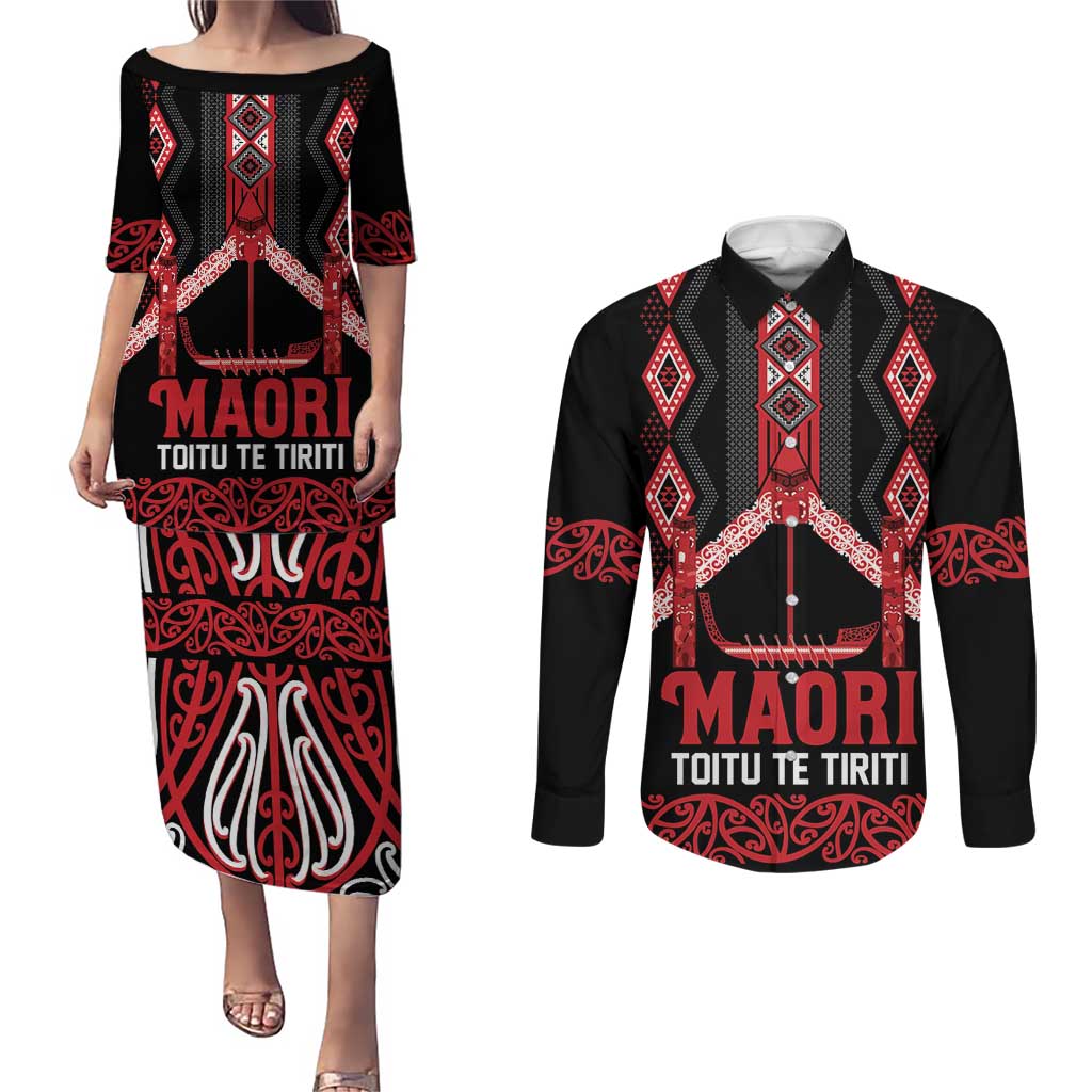 Toitu Te Tiriti Waitangi Couples Matching Puletasi and Long Sleeve Button Shirt Black Wharenui House - Aussie Hoodie