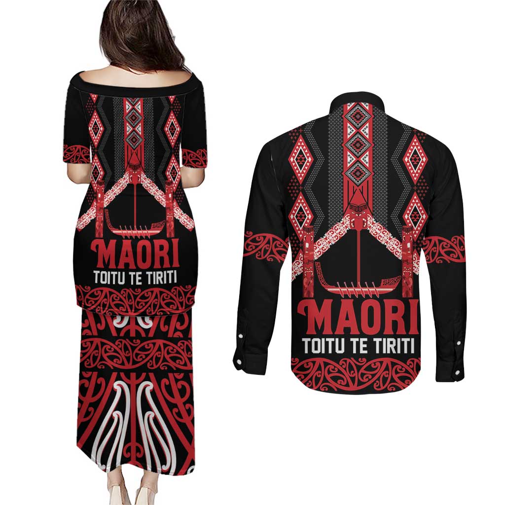 Toitu Te Tiriti Waitangi Couples Matching Puletasi and Long Sleeve Button Shirt Black Wharenui House - Aussie Hoodie