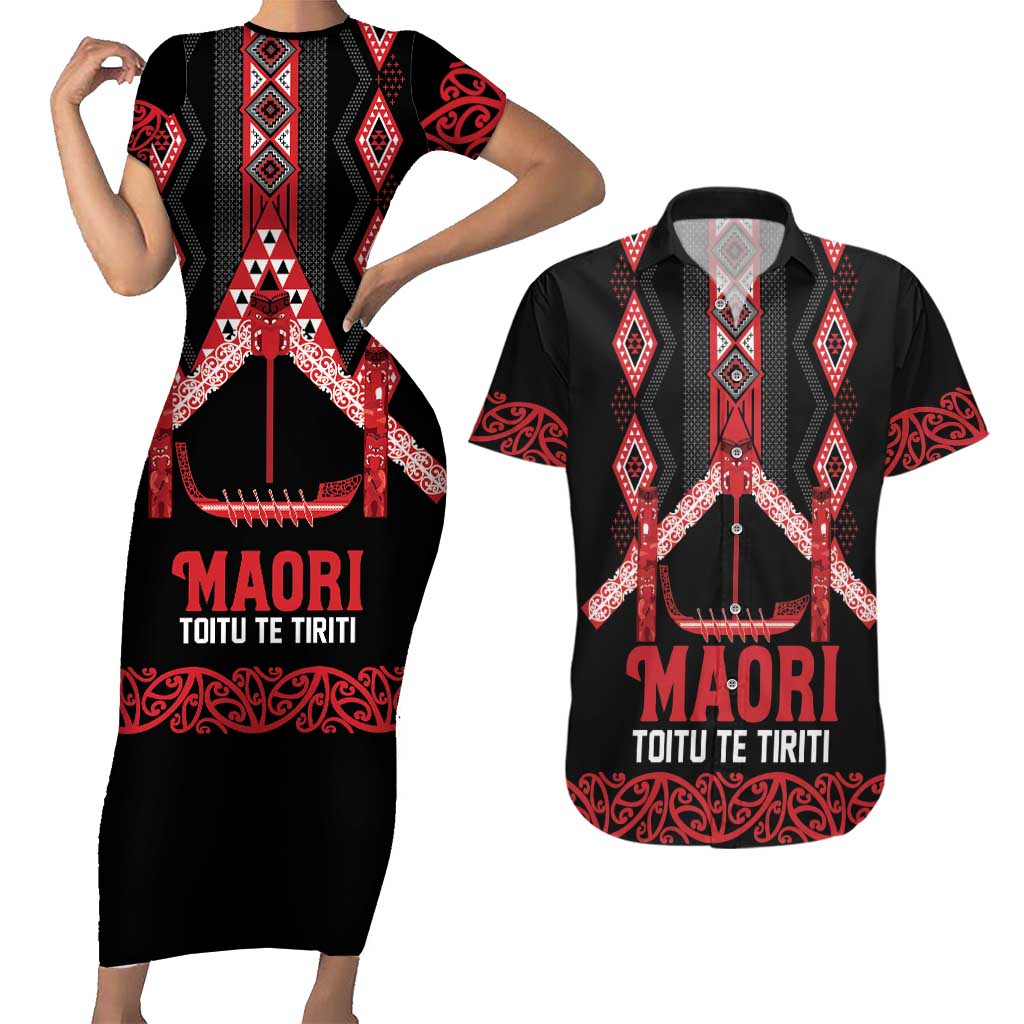 Toitu Te Tiriti Waitangi Couples Matching Short Sleeve Bodycon Dress and Hawaiian Shirt Black Wharenui House - Aussie Hoodie