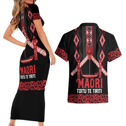 Toitu Te Tiriti Waitangi Couples Matching Short Sleeve Bodycon Dress and Hawaiian Shirt Black Wharenui House - Aussie Hoodie