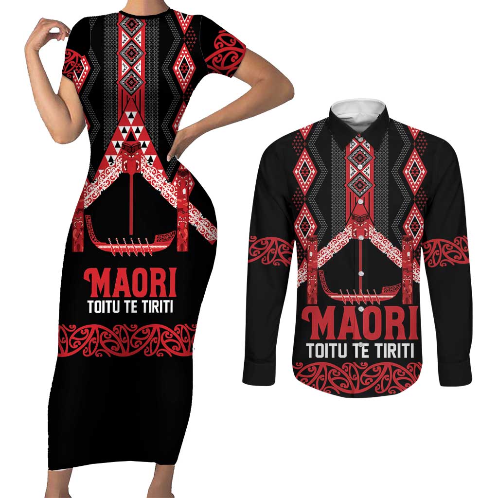 Toitu Te Tiriti Waitangi Couples Matching Short Sleeve Bodycon Dress and Long Sleeve Button Shirt Black Wharenui House - Aussie Hoodie