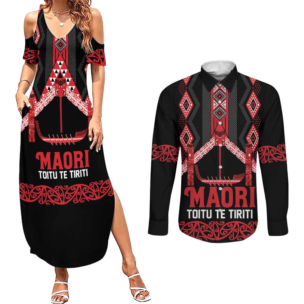 Toitu Te Tiriti Waitangi Couples Matching Summer Maxi Dress and Long Sleeve Button Shirt Black Wharenui House - Aussie Hoodie