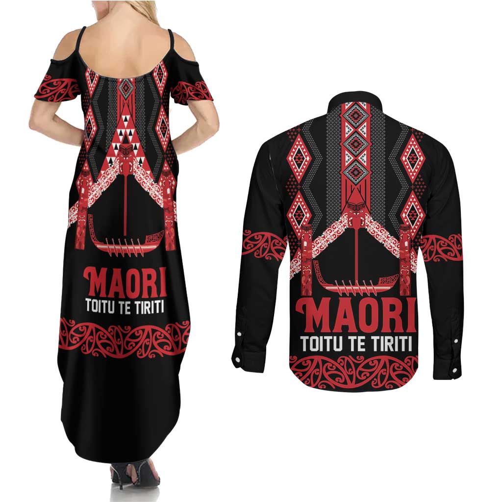 Toitu Te Tiriti Waitangi Couples Matching Summer Maxi Dress and Long Sleeve Button Shirt Black Wharenui House - Aussie Hoodie