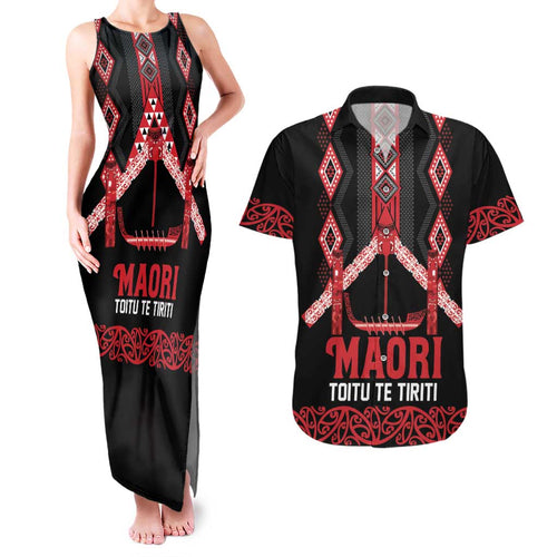 Toitu Te Tiriti Waitangi Couples Matching Tank Maxi Dress and Hawaiian Shirt Black Wharenui House - Aussie Hoodie