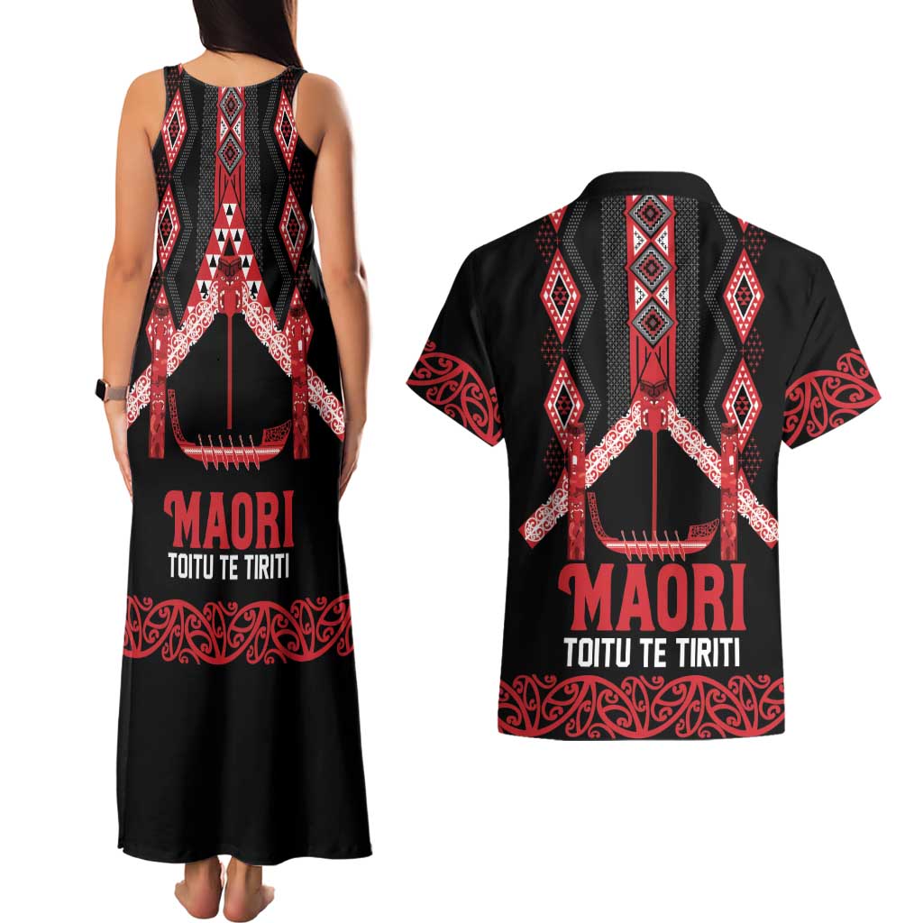 Toitu Te Tiriti Waitangi Couples Matching Tank Maxi Dress and Hawaiian Shirt Black Wharenui House - Aussie Hoodie