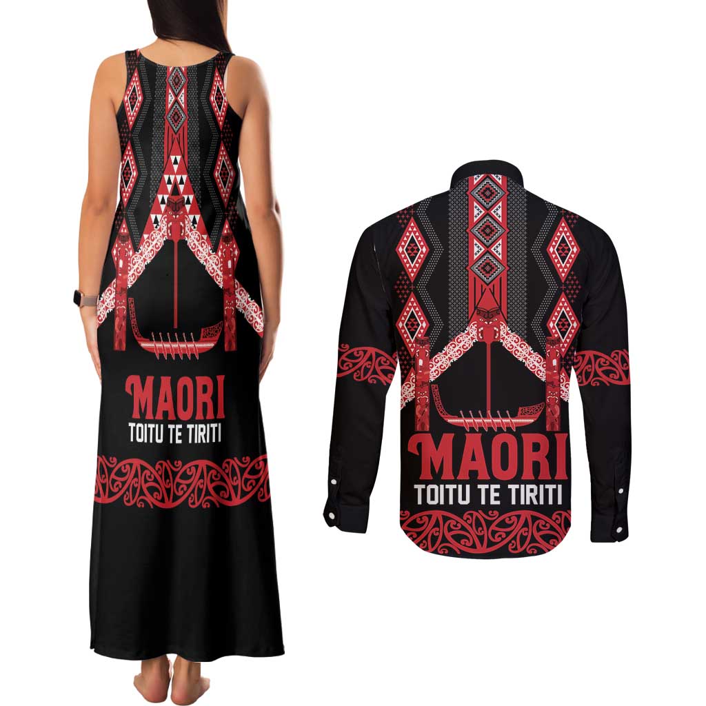 Toitu Te Tiriti Waitangi Couples Matching Tank Maxi Dress and Long Sleeve Button Shirt Black Wharenui House - Aussie Hoodie