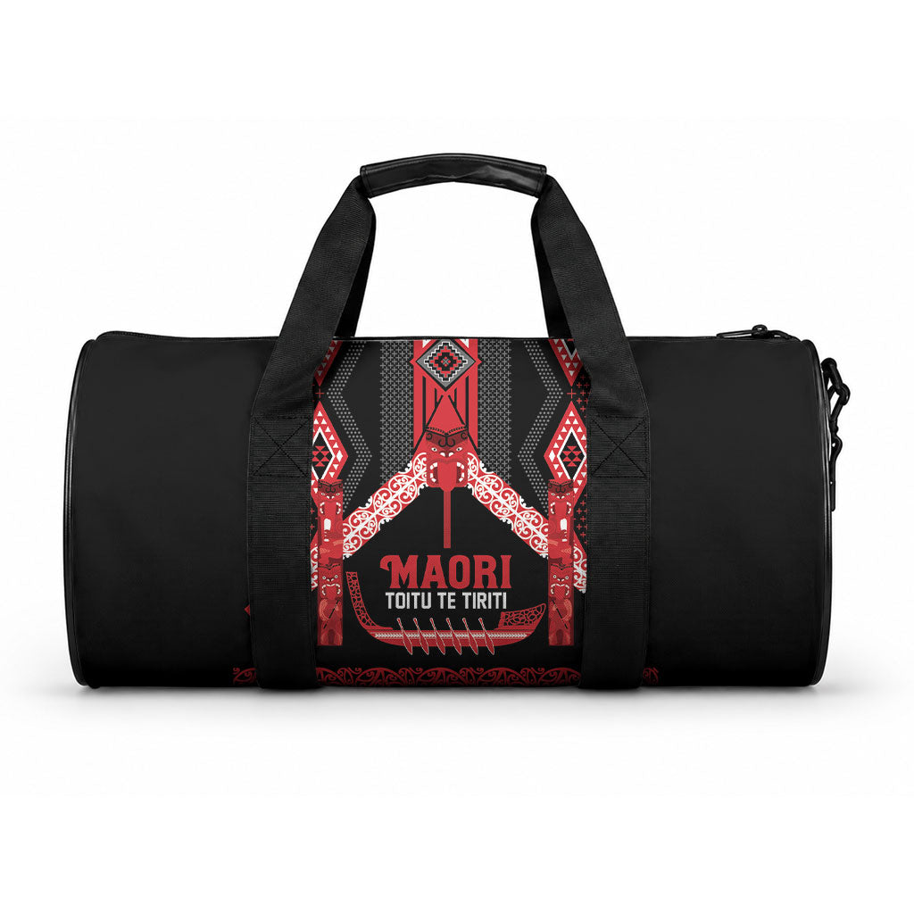 Toitu Te Tiriti Waitangi Duffle Bag Black Wharenui House