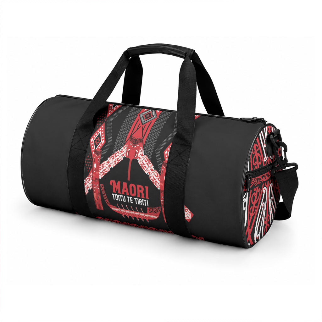 Toitu Te Tiriti Waitangi Duffle Bag Black Wharenui House