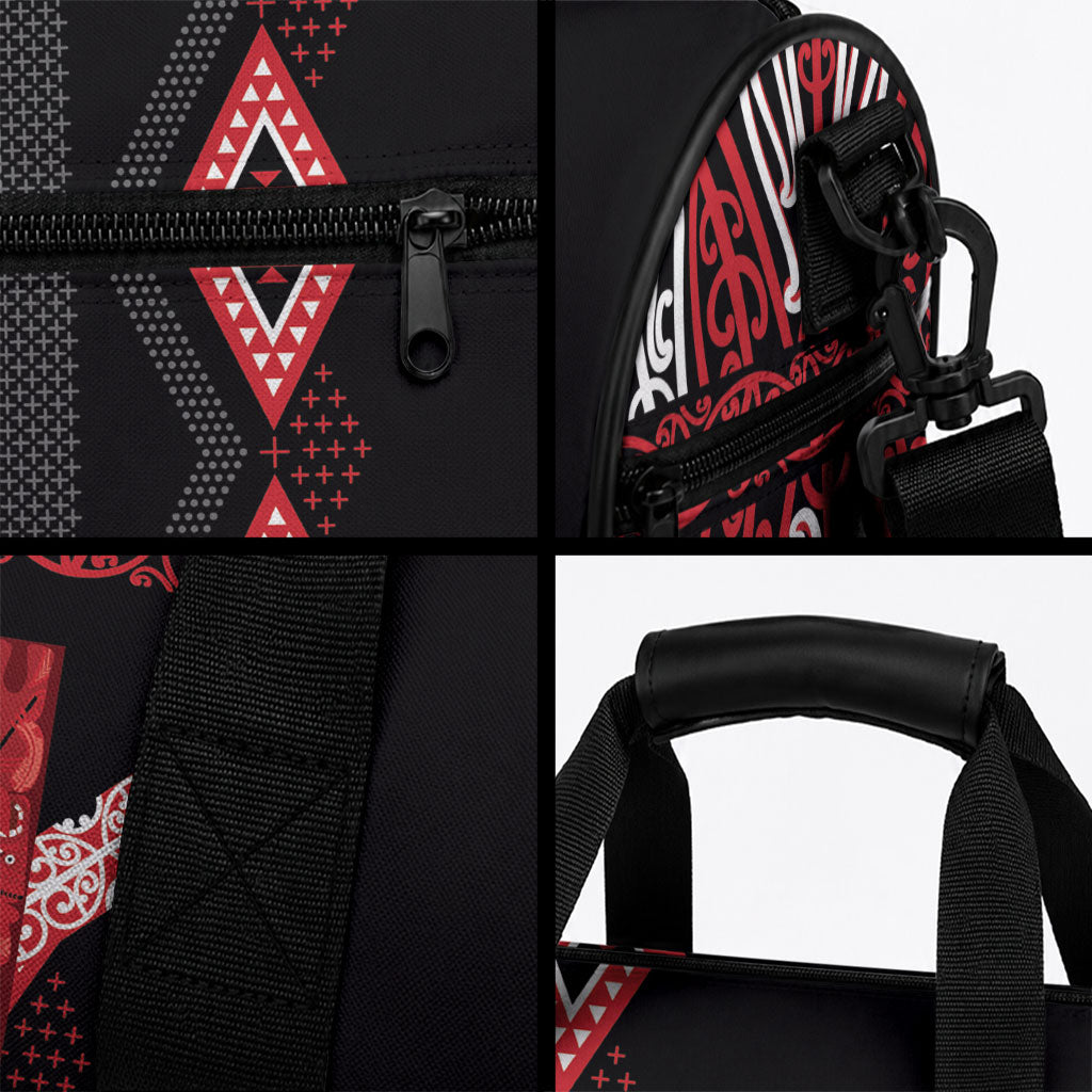 Toitu Te Tiriti Waitangi Duffle Bag Black Wharenui House