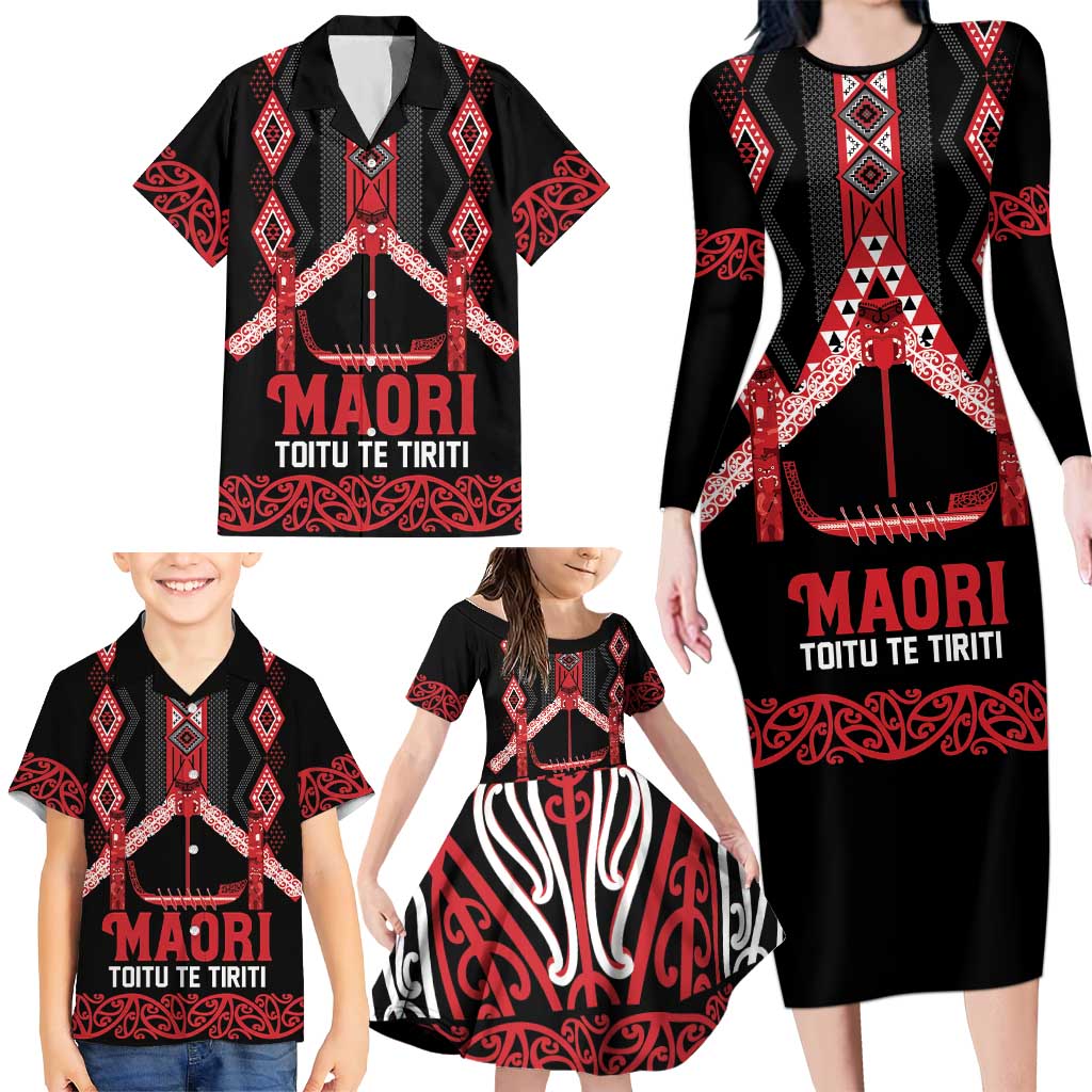 Toitu Te Tiriti Waitangi Family Matching Long Sleeve Bodycon Dress and Hawaiian Shirt Black Wharenui House - Aussie Hoodie
