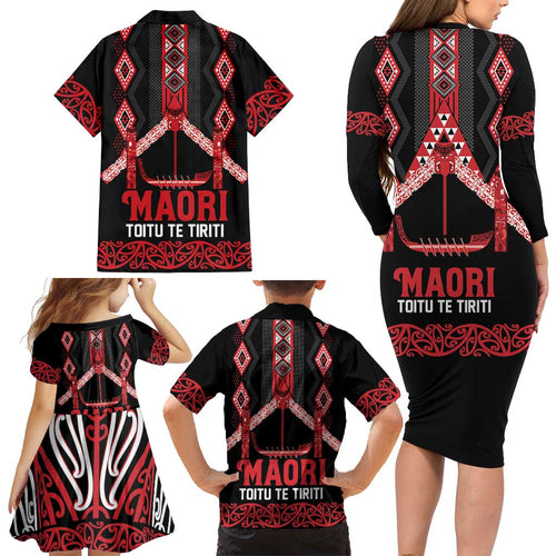 Toitu Te Tiriti Waitangi Family Matching Long Sleeve Bodycon Dress and Hawaiian Shirt Black Wharenui House - Aussie Hoodie