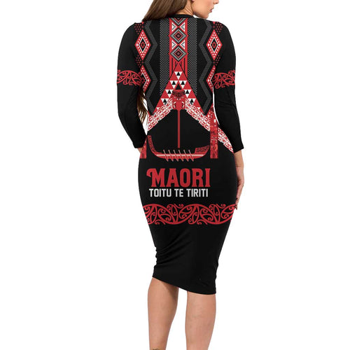 Toitu Te Tiriti Waitangi Family Matching Long Sleeve Bodycon Dress and Hawaiian Shirt Black Wharenui House - Aussie Hoodie