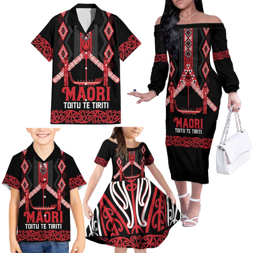 Toitu Te Tiriti Waitangi Family Matching Off The Shoulder Long Sleeve Dress and Hawaiian Shirt Black Wharenui House - Aussie Hoodie