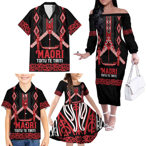 Toitu Te Tiriti Waitangi Family Matching Off The Shoulder Long Sleeve Dress and Hawaiian Shirt Black Wharenui House - Aussie Hoodie