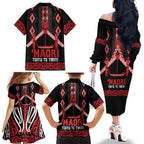 Toitu Te Tiriti Waitangi Family Matching Off The Shoulder Long Sleeve Dress and Hawaiian Shirt Black Wharenui House - Aussie Hoodie