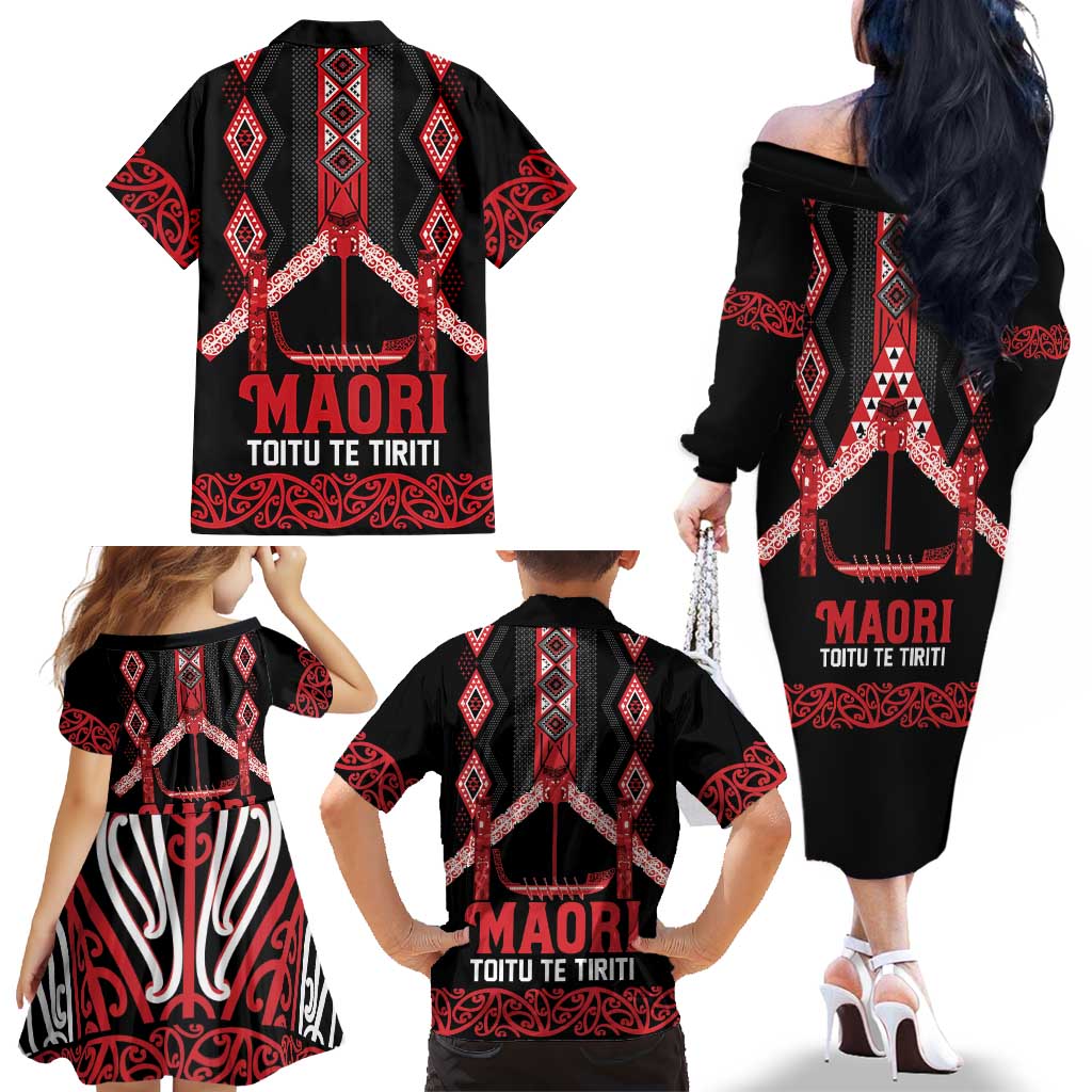 Toitu Te Tiriti Waitangi Family Matching Off The Shoulder Long Sleeve Dress and Hawaiian Shirt Black Wharenui House - Aussie Hoodie