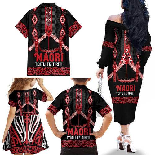 Toitu Te Tiriti Waitangi Family Matching Off The Shoulder Long Sleeve Dress and Hawaiian Shirt Black Wharenui House - Aussie Hoodie