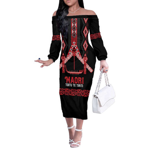 Toitu Te Tiriti Waitangi Family Matching Off The Shoulder Long Sleeve Dress and Hawaiian Shirt Black Wharenui House - Aussie Hoodie