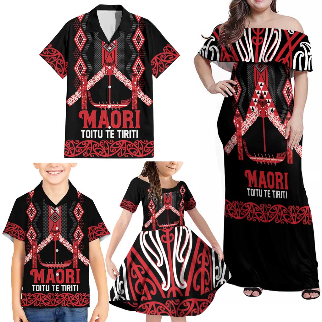 Toitu Te Tiriti Waitangi Family Matching Off Shoulder Maxi Dress and Hawaiian Shirt Black Wharenui House - Aussie Hoodie
