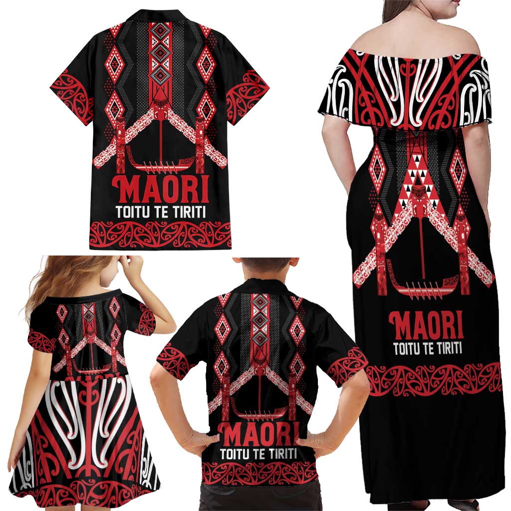 Toitu Te Tiriti Waitangi Family Matching Off Shoulder Maxi Dress and Hawaiian Shirt Black Wharenui House - Aussie Hoodie