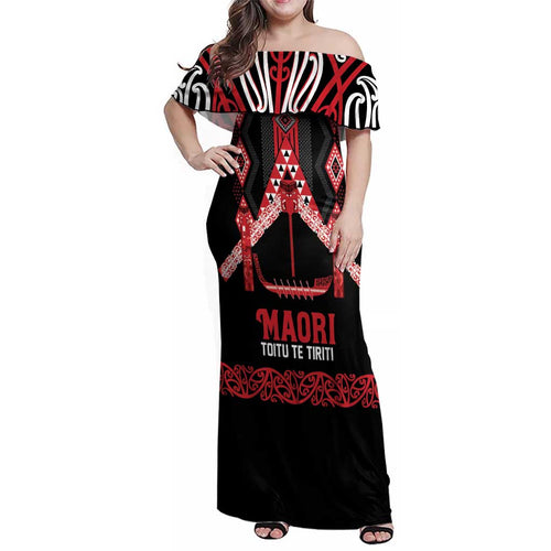 Toitu Te Tiriti Waitangi Family Matching Off Shoulder Maxi Dress and Hawaiian Shirt Black Wharenui House - Aussie Hoodie