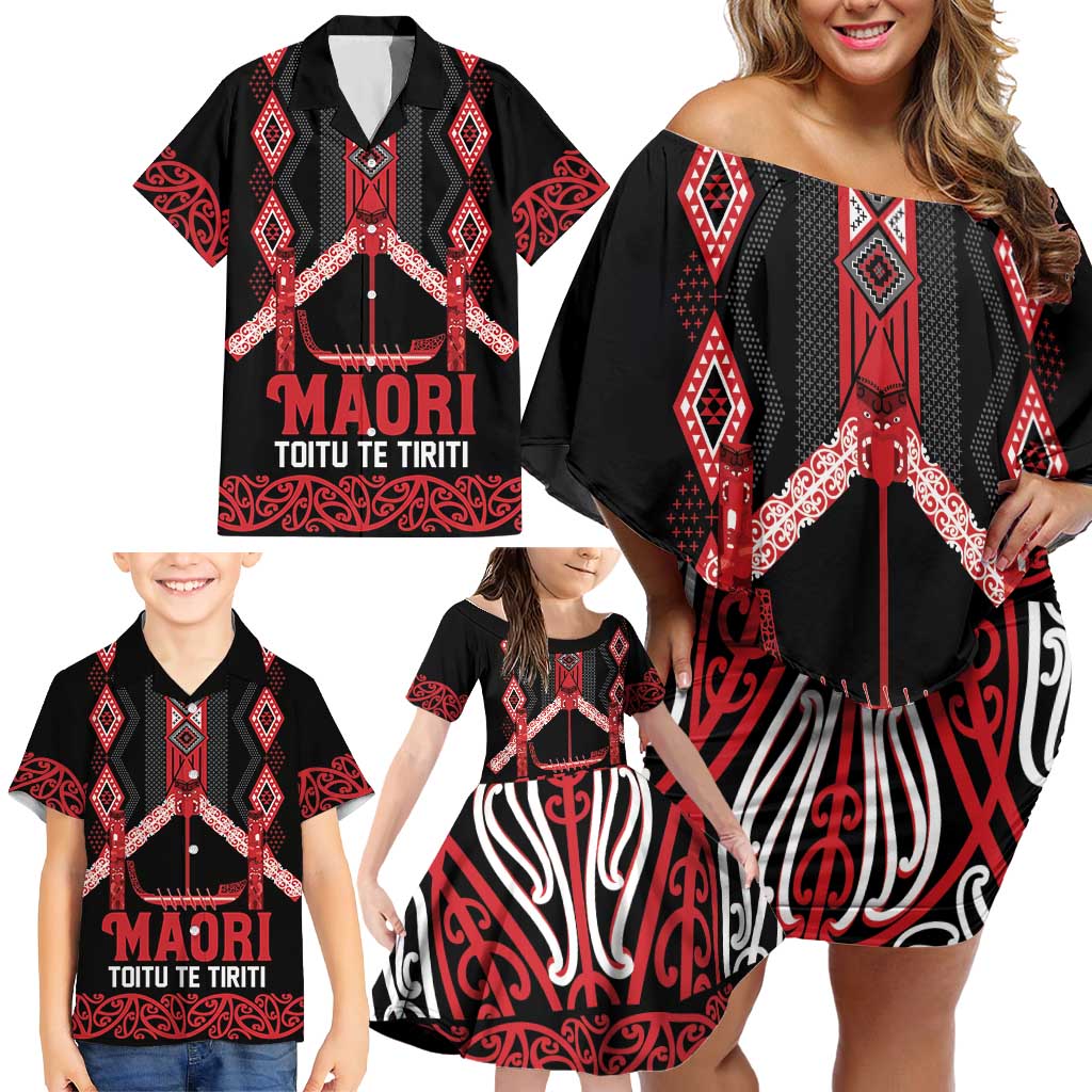 Toitu Te Tiriti Waitangi Family Matching Off Shoulder Short Dress and Hawaiian Shirt Black Wharenui House - Aussie Hoodie