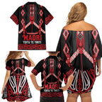 Toitu Te Tiriti Waitangi Family Matching Off Shoulder Short Dress and Hawaiian Shirt Black Wharenui House - Aussie Hoodie