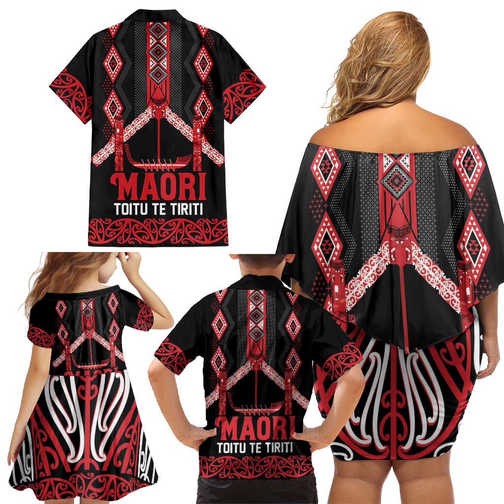 Toitu Te Tiriti Waitangi Family Matching Off Shoulder Short Dress and Hawaiian Shirt Black Wharenui House - Aussie Hoodie