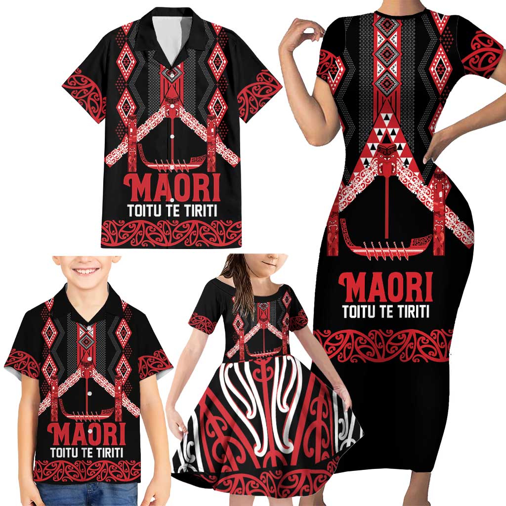 Toitu Te Tiriti Waitangi Family Matching Short Sleeve Bodycon Dress and Hawaiian Shirt Black Wharenui House - Aussie Hoodie