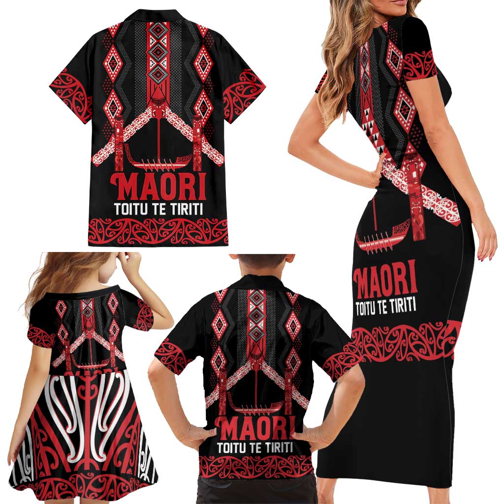 Toitu Te Tiriti Waitangi Family Matching Short Sleeve Bodycon Dress and Hawaiian Shirt Black Wharenui House - Aussie Hoodie