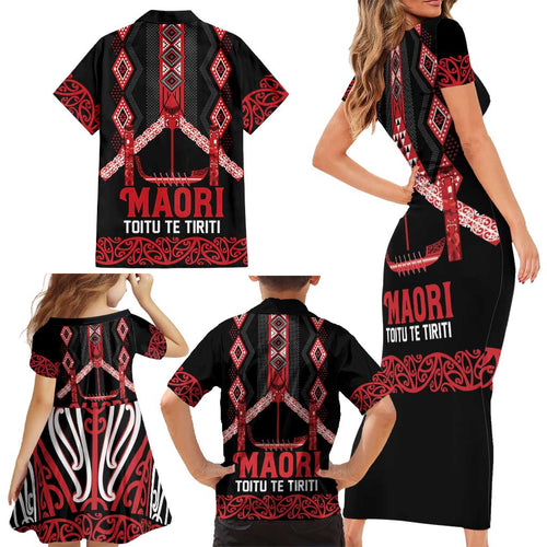 Toitu Te Tiriti Waitangi Family Matching Short Sleeve Bodycon Dress and Hawaiian Shirt Black Wharenui House - Aussie Hoodie
