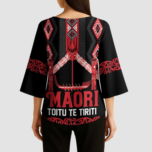 Toitu Te Tiriti Waitangi Kimono Sleeve Blouse Black Wharenui House - Aussie Hoodie