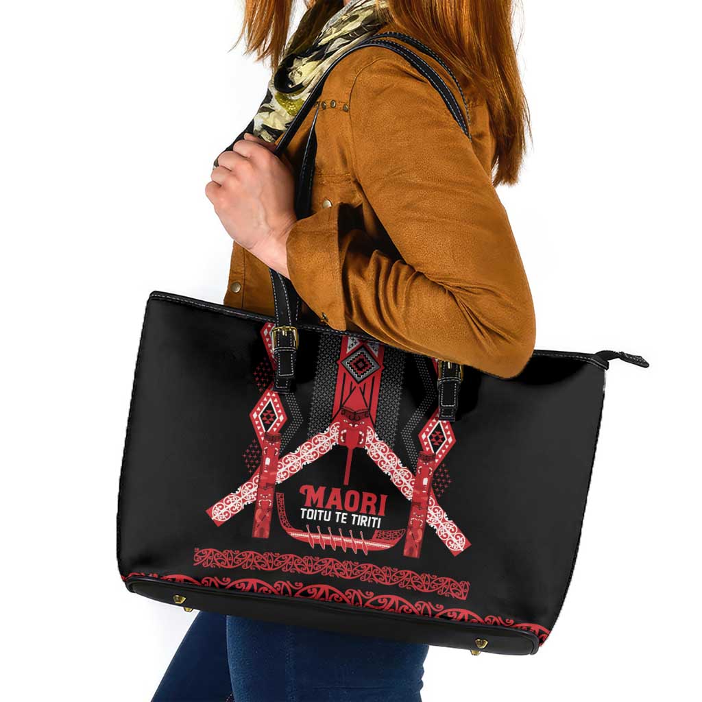 Toitu Te Tiriti Waitangi Leather Tote Bag Black Wharenui House - Aussie Hoodie
