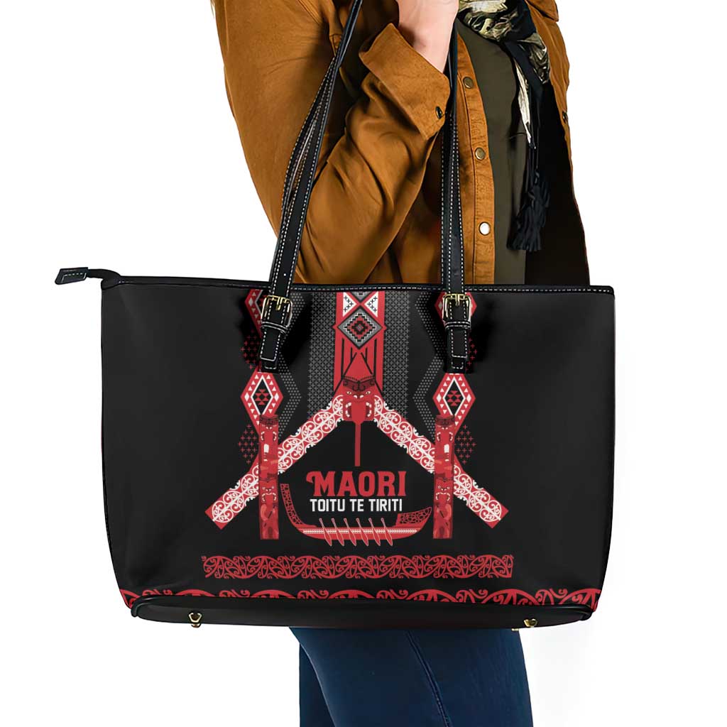 Toitu Te Tiriti Waitangi Leather Tote Bag Black Wharenui House - Aussie Hoodie