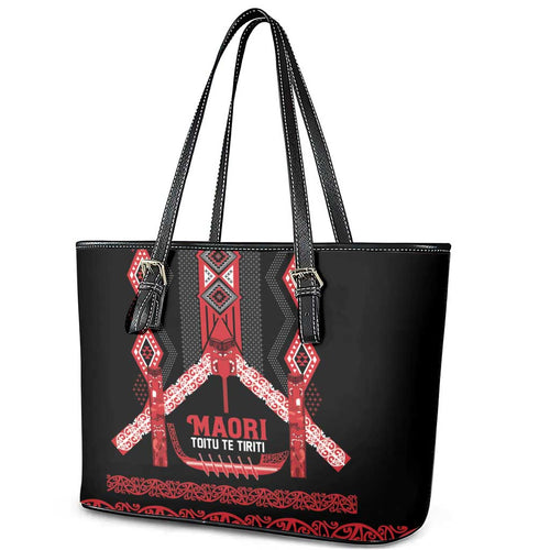 Toitu Te Tiriti Waitangi Leather Tote Bag Black Wharenui House - Aussie Hoodie