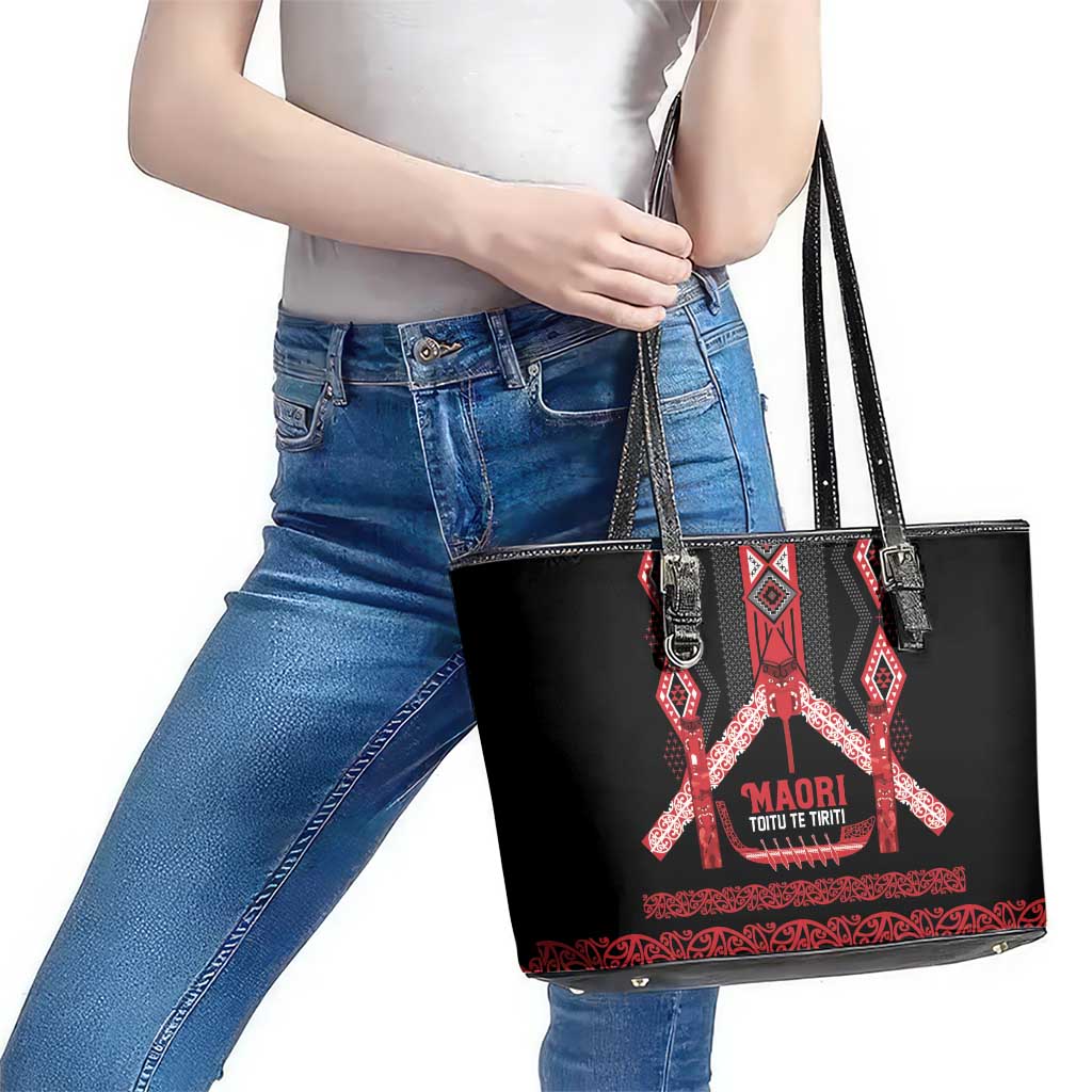 Toitu Te Tiriti Waitangi Leather Tote Bag Black Wharenui House - Aussie Hoodie