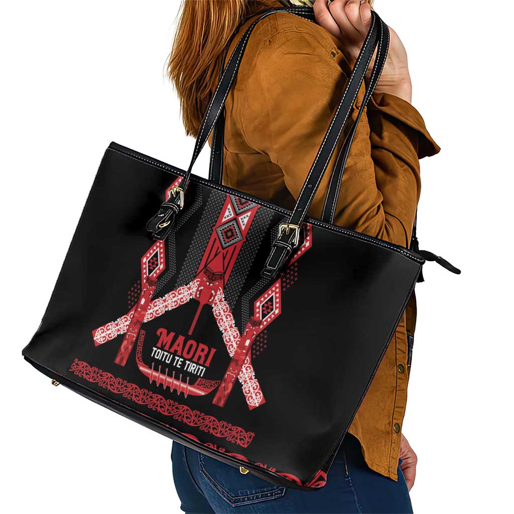 Toitu Te Tiriti Waitangi Leather Tote Bag Black Wharenui House - Aussie Hoodie