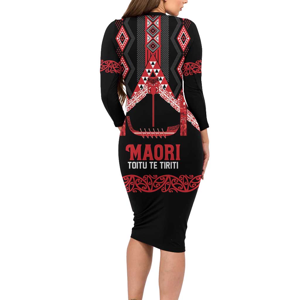 Toitu Te Tiriti Waitangi Long Sleeve Bodycon Dress Black Wharenui House - Aussie Hoodie