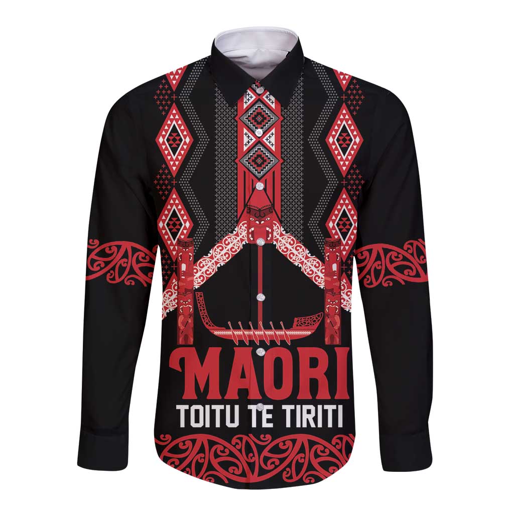 Toitu Te Tiriti Waitangi Long Sleeve Button Shirt Black Wharenui House - Aussie Hoodie
