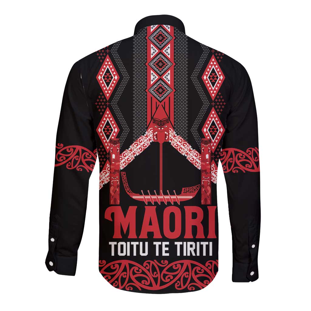 Toitu Te Tiriti Waitangi Long Sleeve Button Shirt Black Wharenui House - Aussie Hoodie