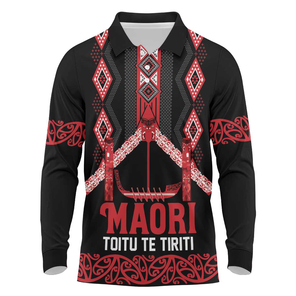 Toitu Te Tiriti Waitangi Long Sleeve Polo Shirt Black Wharenui House - Aussie Hoodie