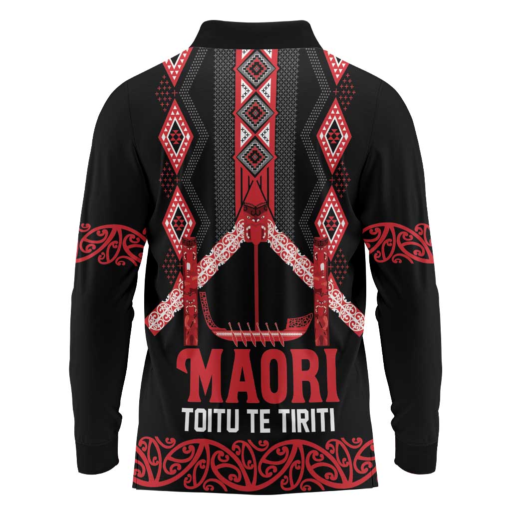 Toitu Te Tiriti Waitangi Long Sleeve Polo Shirt Black Wharenui House - Aussie Hoodie
