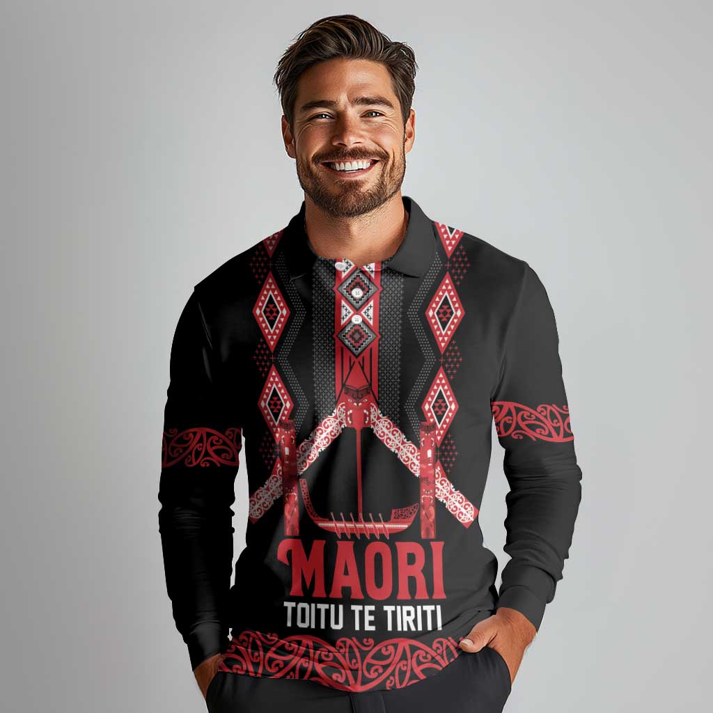Toitu Te Tiriti Waitangi Long Sleeve Polo Shirt Black Wharenui House - Aussie Hoodie