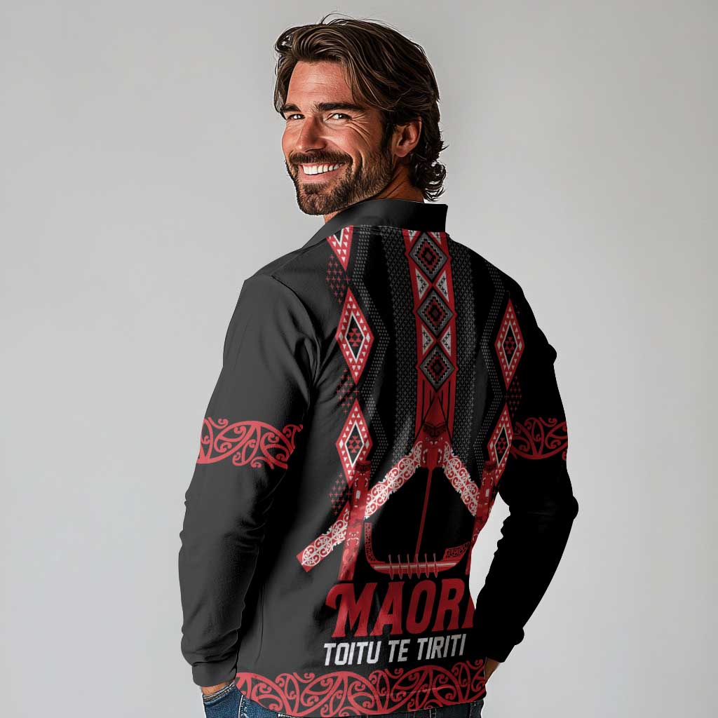 Toitu Te Tiriti Waitangi Long Sleeve Polo Shirt Black Wharenui House - Aussie Hoodie