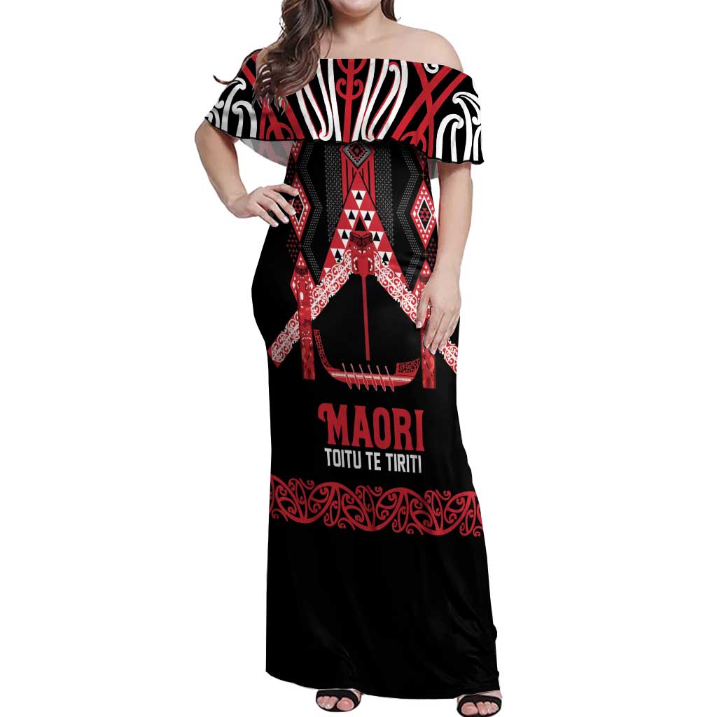 Toitu Te Tiriti Waitangi Off Shoulder Maxi Dress Black Wharenui House - Aussie Hoodie