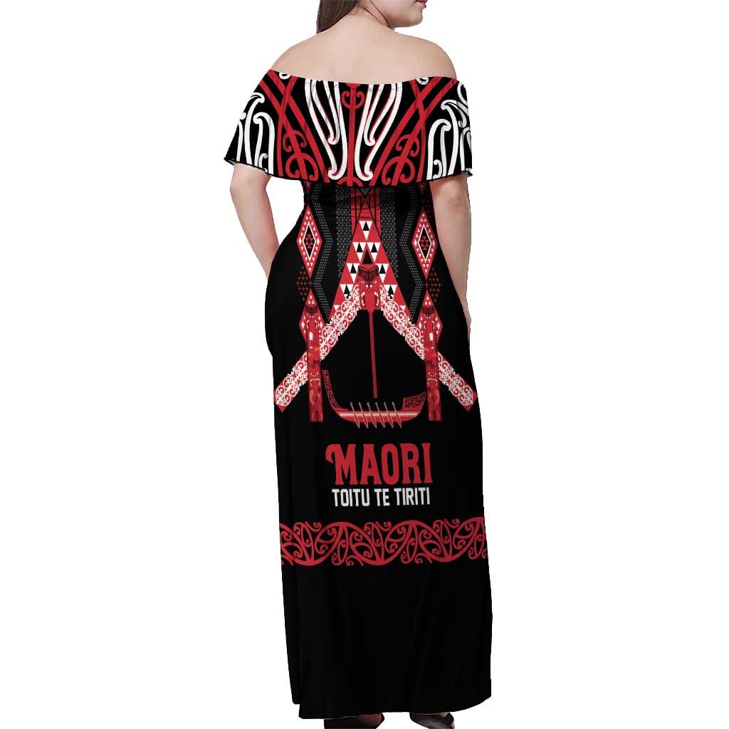 Toitu Te Tiriti Waitangi Off Shoulder Maxi Dress Black Wharenui House - Aussie Hoodie