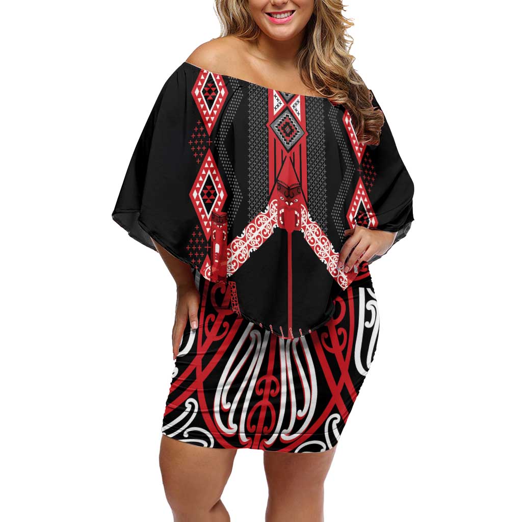 Toitu Te Tiriti Waitangi Off Shoulder Short Dress Black Wharenui House - Aussie Hoodie